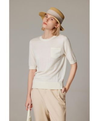 Women's Tissue Weight 75% Merino Wool 25% Silk Crew Neck Short Sleeve T Shirt Sweater | Ultra Soft Machine-Washable Sweaters