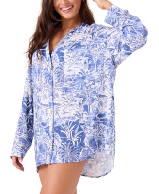 Juniors' Mana Long-Sleeve Camp Shirt Cover-Up 