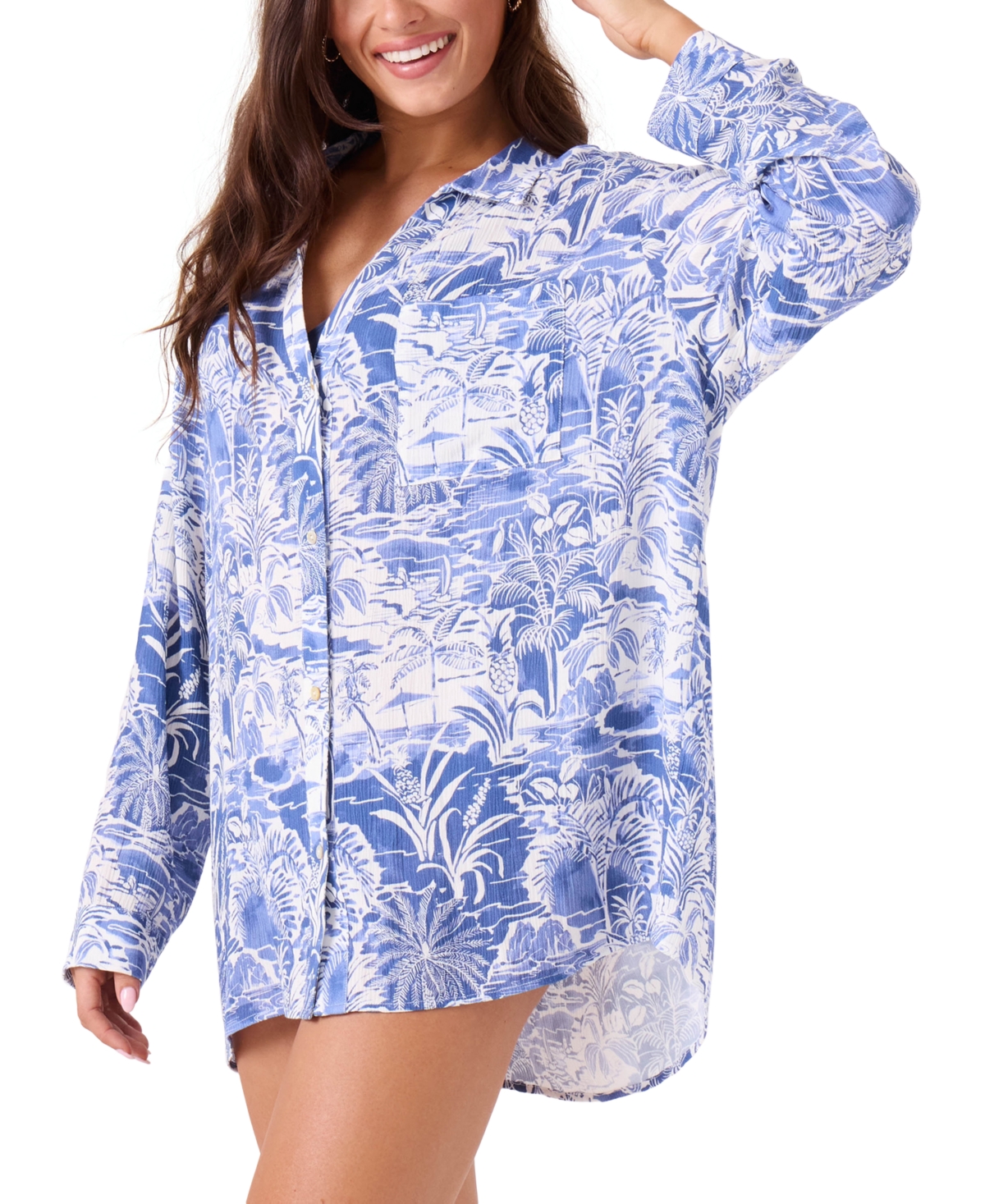 Roxy Juniors' Mana Long-sleeve Camp Shirt Cover-up In Blue