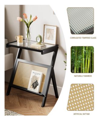 Rattan Side Table Bamboo Accent Bedside Table with Tempered Glass Top Black
