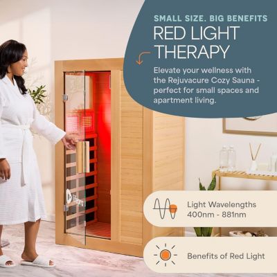Rejuvacure Cozy Far Infrared Sauna – 1 Person Home Sauna with Red Light Therapy, 7 Carbon Fiber Heaters, Canadian Hemlock & Bluetooth