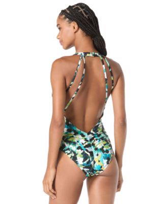 Women's Printed Shirred Plunge One-Piece Swimsuit