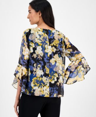 Abstract Floral-Print Bell-Sleeve Blouse, Regular & Petite