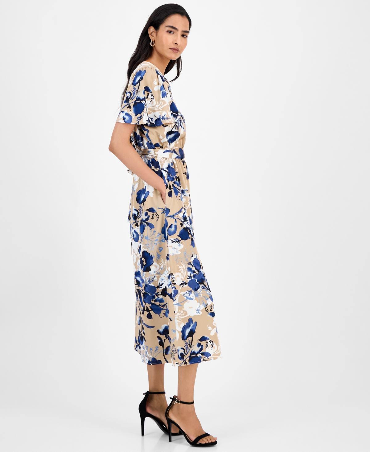 Kasper Floral-print Tie-waist Midi Dress, Regular & Petite In Neutral