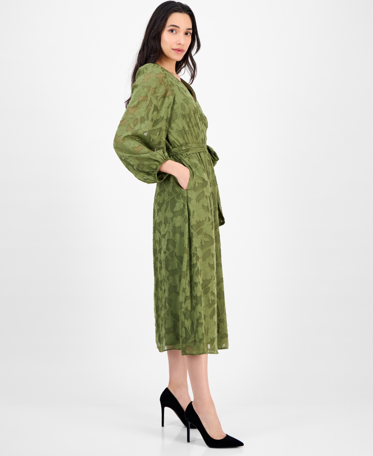 Anne Klein Women's Jacquard V-neck 3/4-sleeve Midi Dress In Green