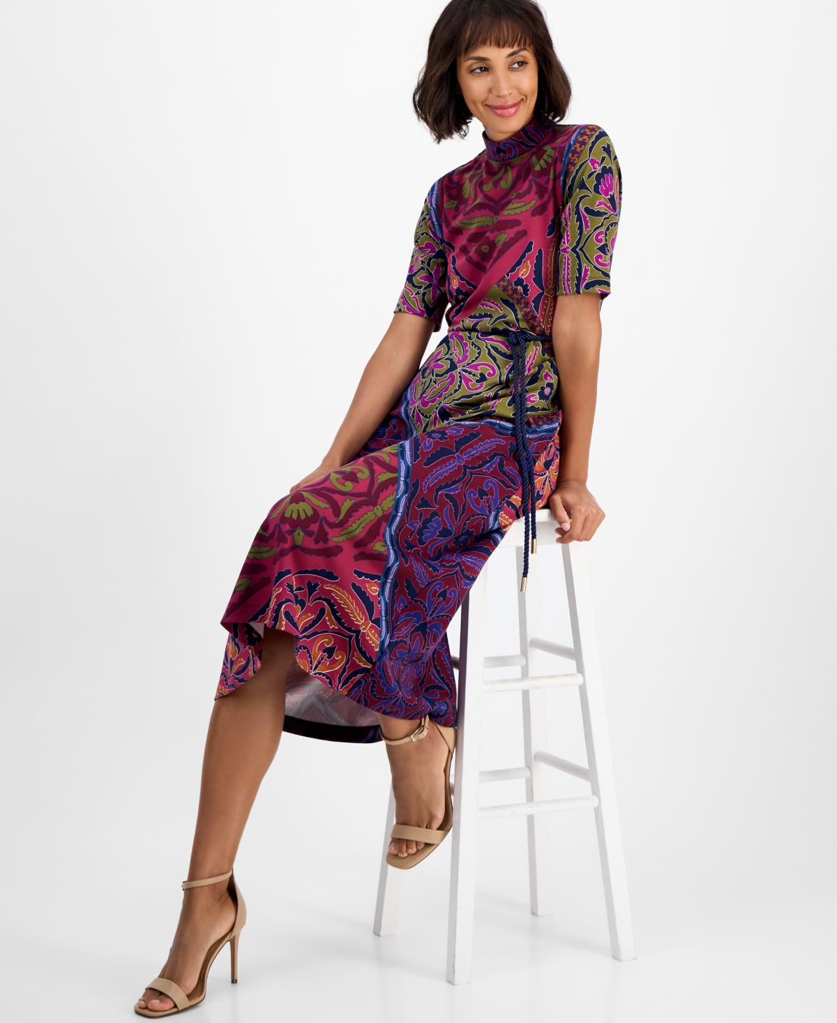 Anne Klein Women's Mock Neck Short-Sleeve Midi Dress