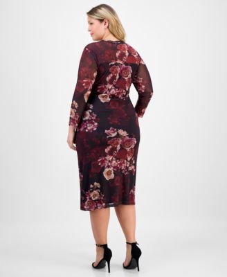 Plus Size Floral Mesh Side-Ruched Midi Dress
