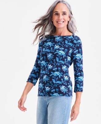 Style & Co - Petite Cotton Printed 3/4-Sleeve Boat-Neck Top