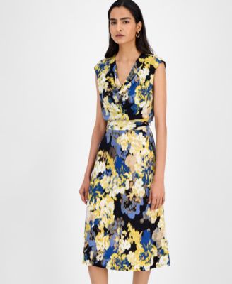 Women's Printed Cowlneck Tie-Waist Midi Dress