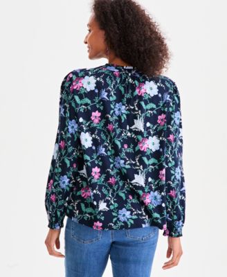 Petite Chintz Floral Smocked Split-Neck Top, Macy's Exclusive