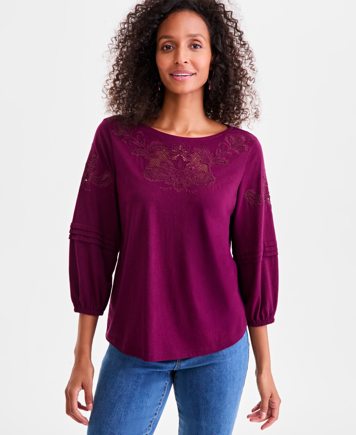 Style & Co Women's Embroidered Lace-trim Knit Blouse, Macy's Exclusive In Purple