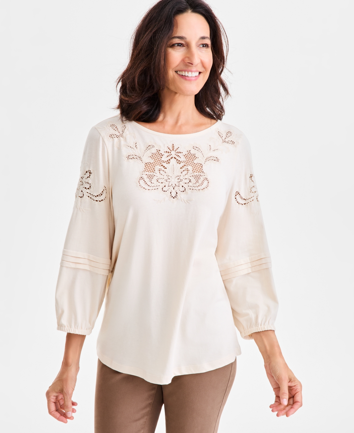 Style & Co Women's Embroidered Lace-trim Knit Blouse, Macy's Exclusive In Brown