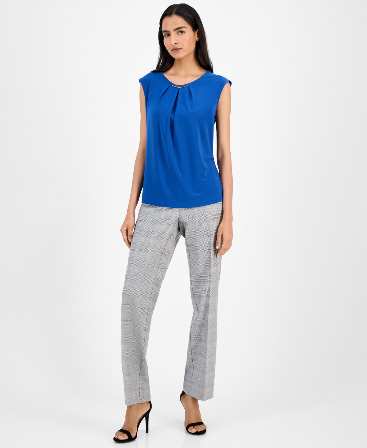Kasper Pleated-neck Cap-sleeve Blouse, Regular & Petite In Blue