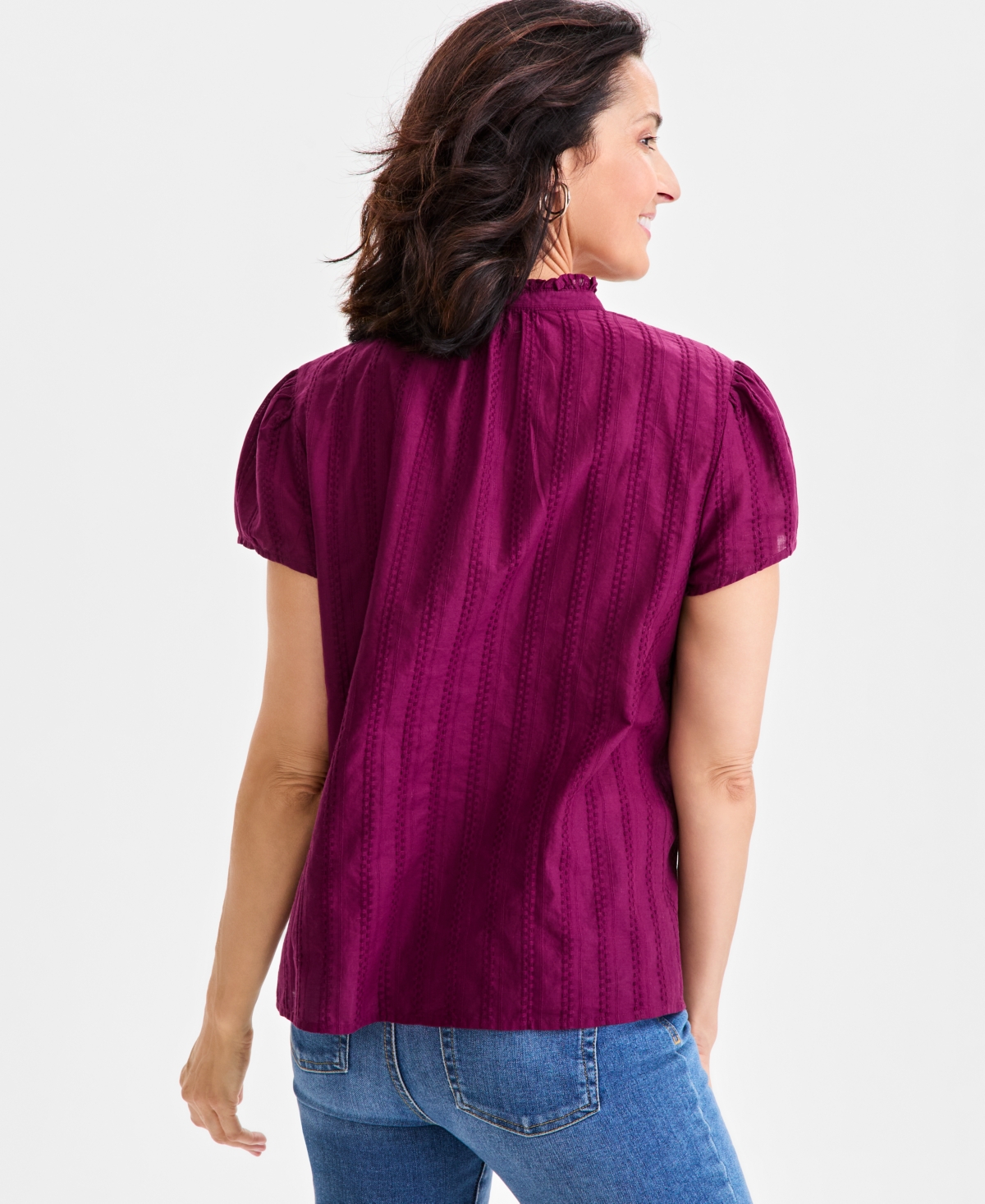 Style & Co Women's Cotton Embroidered Button-front Blouse, Macy's Exclusive In Burgundy