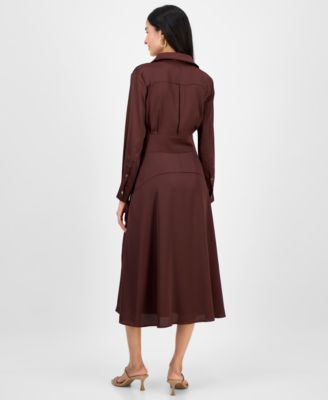 Women's Collared V-Neck Tie-Waist Midi Dress