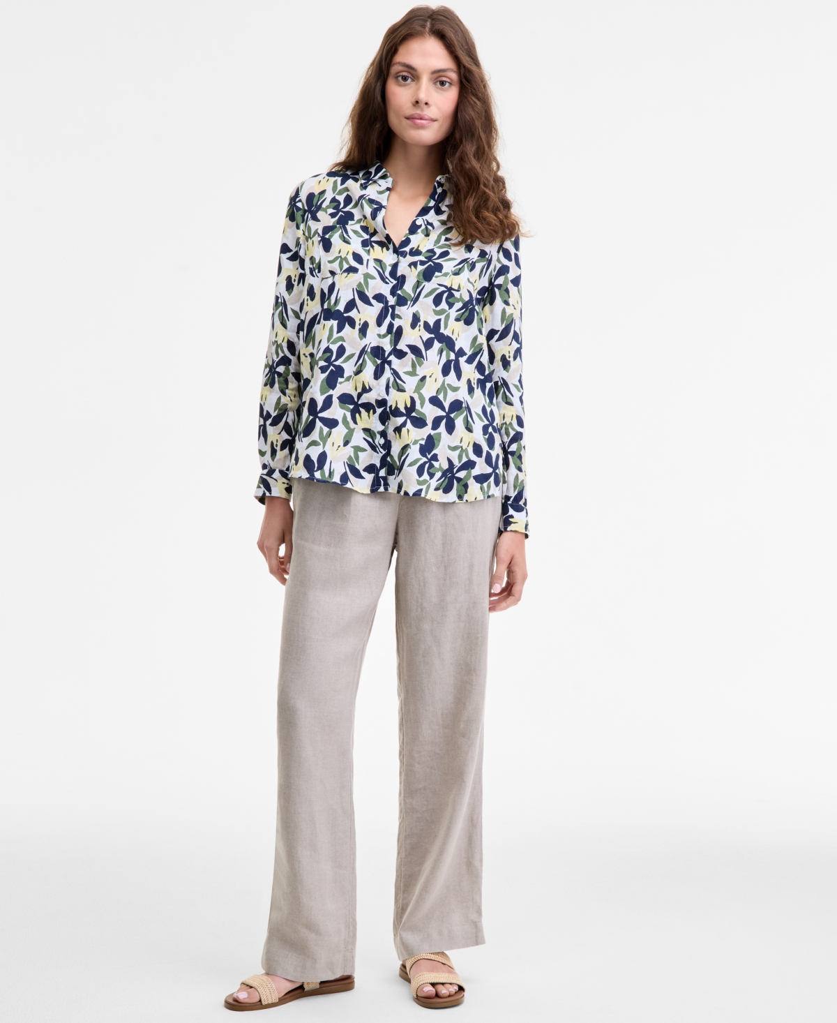 Charter Club Floral Print 100 Linen Shirt 100 Linen Drawstring Pants Macys Exclusive In Multi