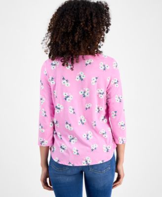Petite Chintz Floral V-Neck 3/4-Sleeve T-Shirt, Macy's Exclusive