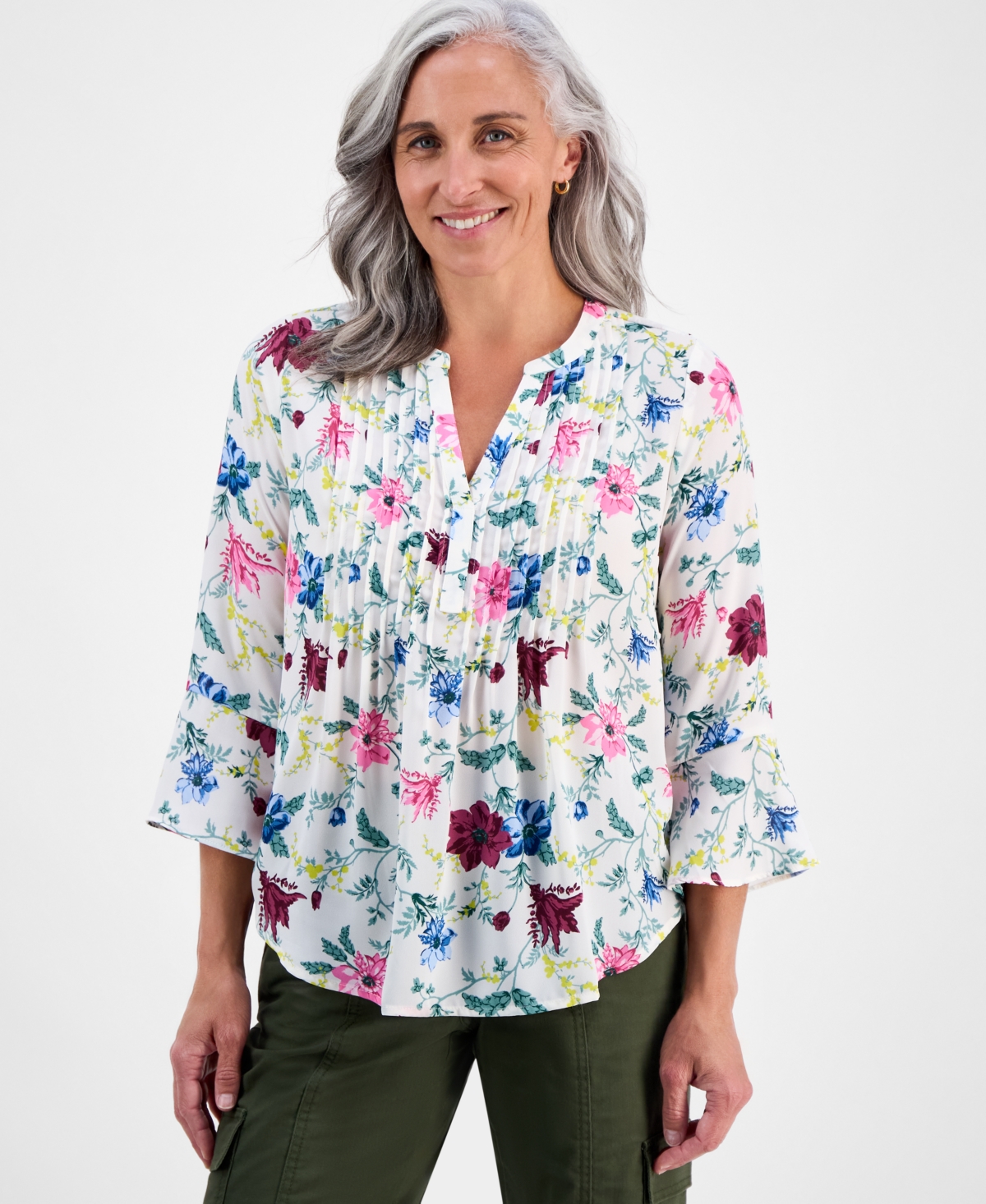 Style & Co Petite Chintz Floral Pintuck Top, Macy's Exclusive In Multi