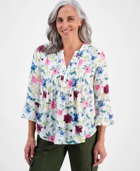Petite Chintz Floral Pintuck Top - Chintz Shitake