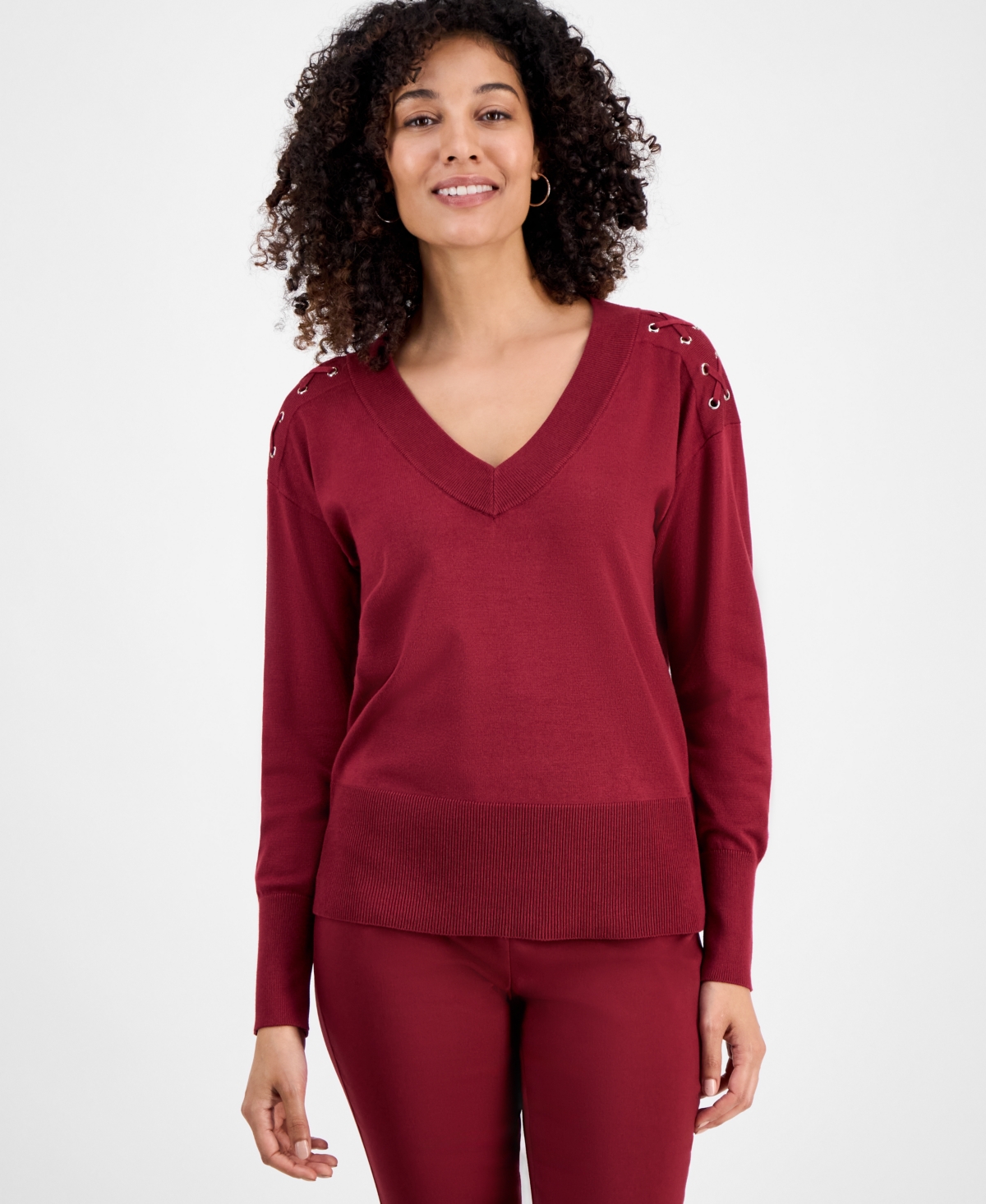 Jm Collection Petite Lace-up Shoulder V-neck Sweater, Macy's Exclusive