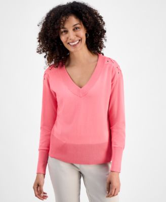 Petite Lace-Up Shoulder V-Neck Sweater