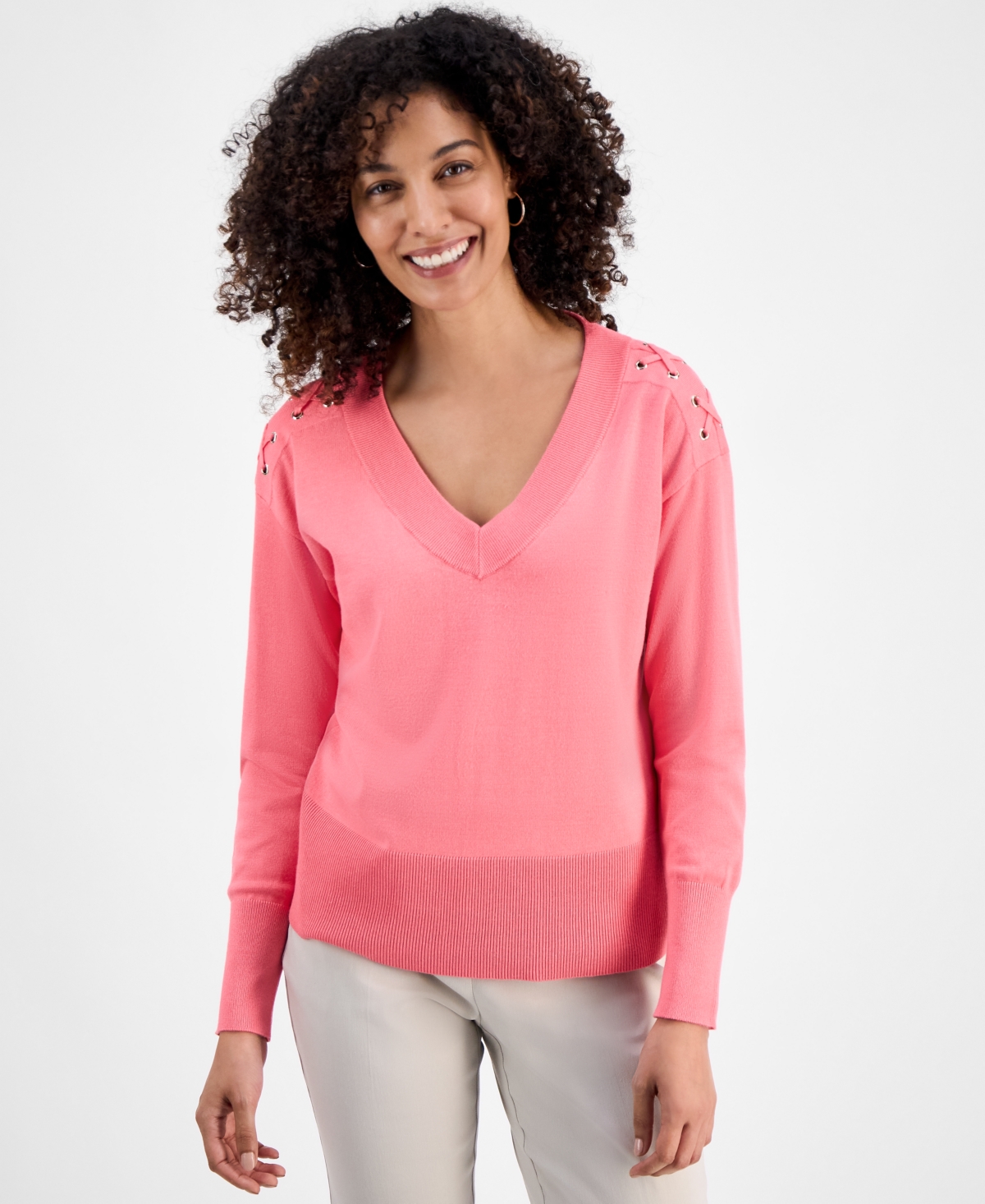 Jm Collection Petite Lace-up Shoulder V-neck Sweater, Macy's Exclusive