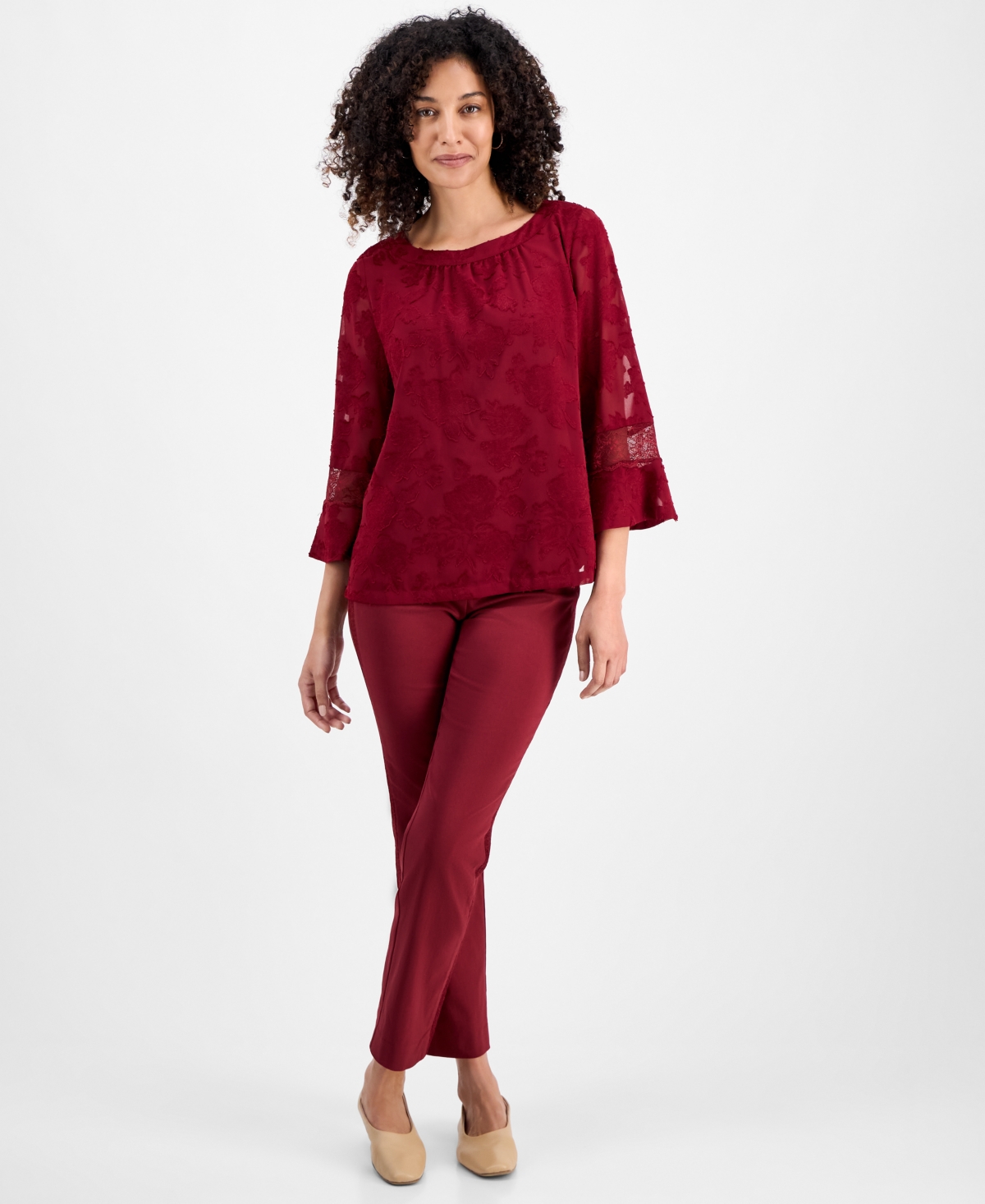 Jm Collection Petite Jacquard Lace-inset Blouse, Macy's Exclusive In Red