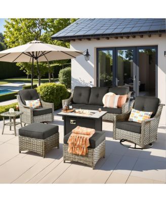 7 Piece Outdoor Patio Furniture with 42 inch Fire Pit,Swivel Rocking Chairs Coversation Set with Comfy Sectional Sofa,Wicker Ottoman