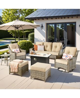 7 Piece Outdoor Patio Furniture with 42 inch Fire Pit,Swivel Rocking Chairs Coversation Set with Comfy Sectional Sofa,Wicker Ottoman