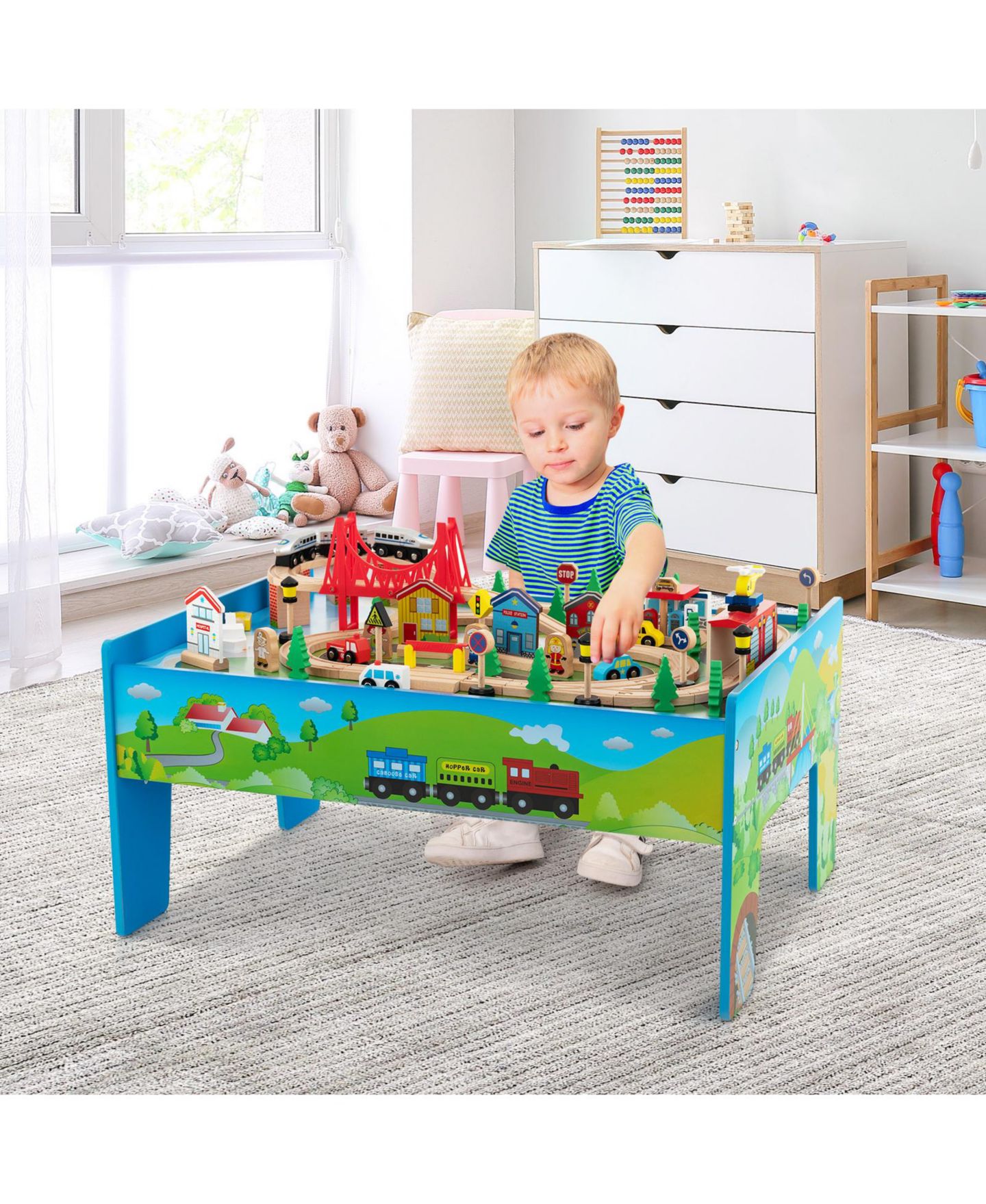 Детские игрушки Mecale 80-Piece Wooden Train Set and Table, цвет: Синий — фото 2