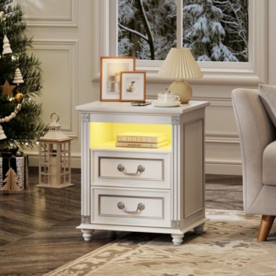 Nightstand with Charging Station, 3-Color LED Lights and 2 Drawers