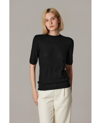 Women's Funnel Neck Short Sleeve Sweater | 75% Merino Wool 25% Silk Ultra Soft Fine-gauge Knit Top | Machine Washable