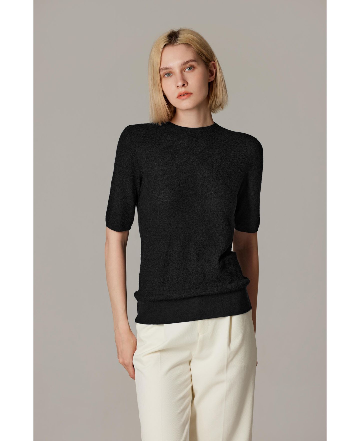 Женский свитер JENNIE LIU Funnel Neck Short Sleeve Sweater 75% Merino Wool 25% Silk Ultra Soft Fine-gauge Knit Top Machine Washable, цвет: Чёрный — фото 6