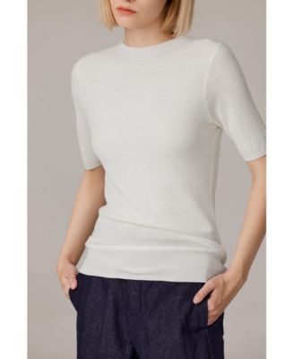 Women's Funnel Neck Short Sleeve Sweater | 75% Merino Wool 25% Silk Ultra Soft Fine-gauge Knit Top | Machine Washable