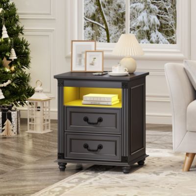 Nightstand with Charging Station, 3-Color LED Lights and 2 Drawers