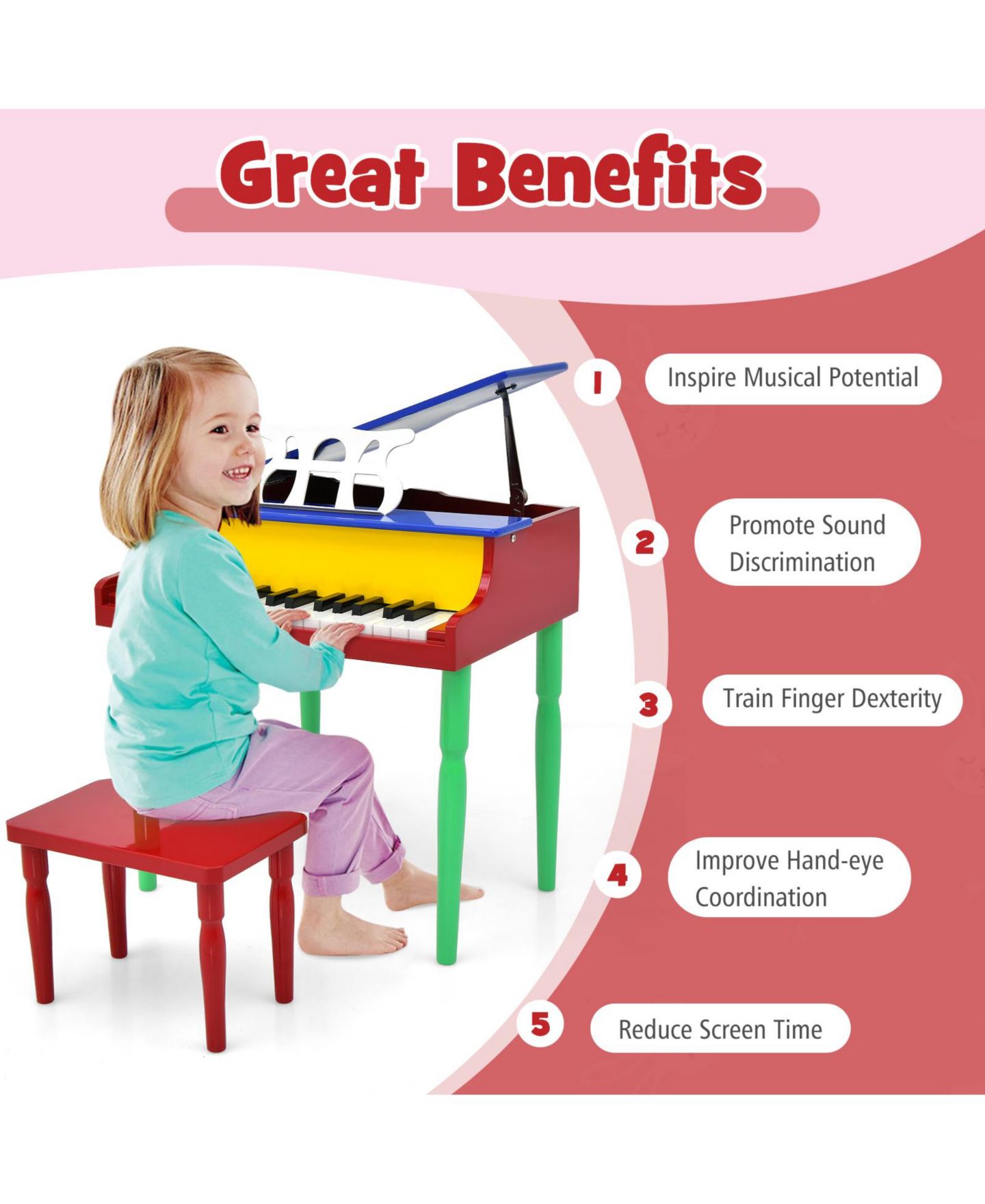 Детские игрушки Mecale 30-Key Wood Grand Piano Musical Toy, 3-Piece Set, Ages 3+, цвет: Синий — фото 4