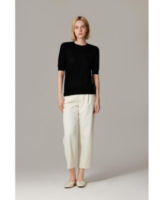 Women's Tissue Weight 75% Merino Wool 25% Silk Crew Neck Short Sleeve T Shirt Sweater | Ultra Soft Machine-Washable Sweaters