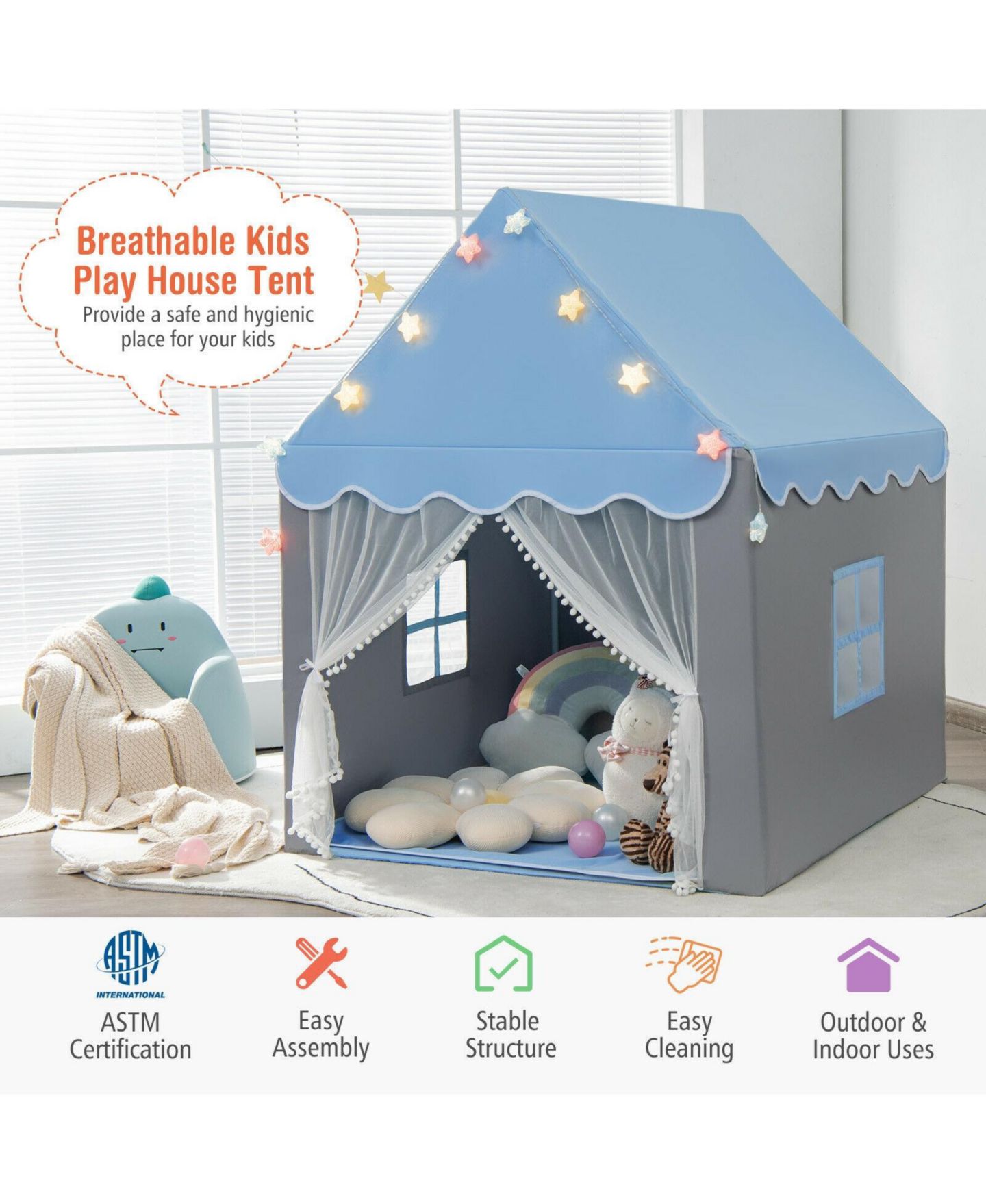 Детские игрушки Mecale Star Lights and Mat 3-Piece Playhouse Tent, Ages 3+, цвет: Синий — фото 5