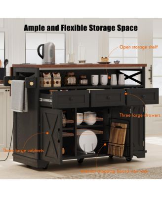 46.5" Rolling Kitchen Cart with Drop Leaf, Power Outlet, Beaded Trim, Ample Storage