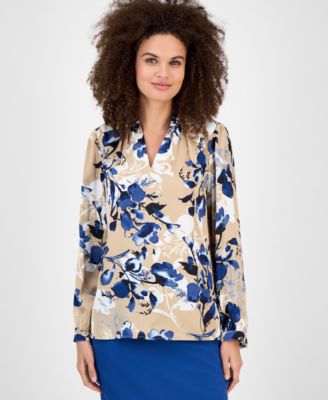 Kasper - Floral-Print V-Neck Long-Sleeve Top, Regular & Petite