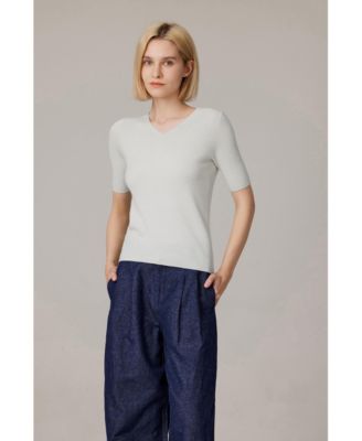 Women's Merino Wool Lurex Sweater | Shimmer Fine gauge V-Neck Short Sleeve Top | Machine Washable Pullover