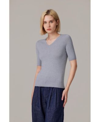 Women's Merino Wool Lurex Sweater | Shimmer Fine gauge V-Neck Short Sleeve Top | Machine Washable Pullover