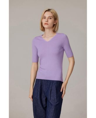 Women's Merino Wool Lurex Sweater | Shimmer Fine gauge V-Neck Short Sleeve Top | Machine Washable Pullover