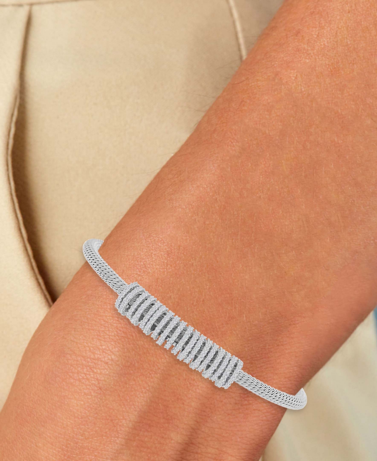 Macy's Cubic Zirconia Rondelle Woven Link Cuff Bracelet In Silver