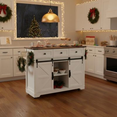 53.7" Rolling Kitchen Cart with Barn Doors, Drop Leaf, Power Outlet and Spice Rack (No Stools)