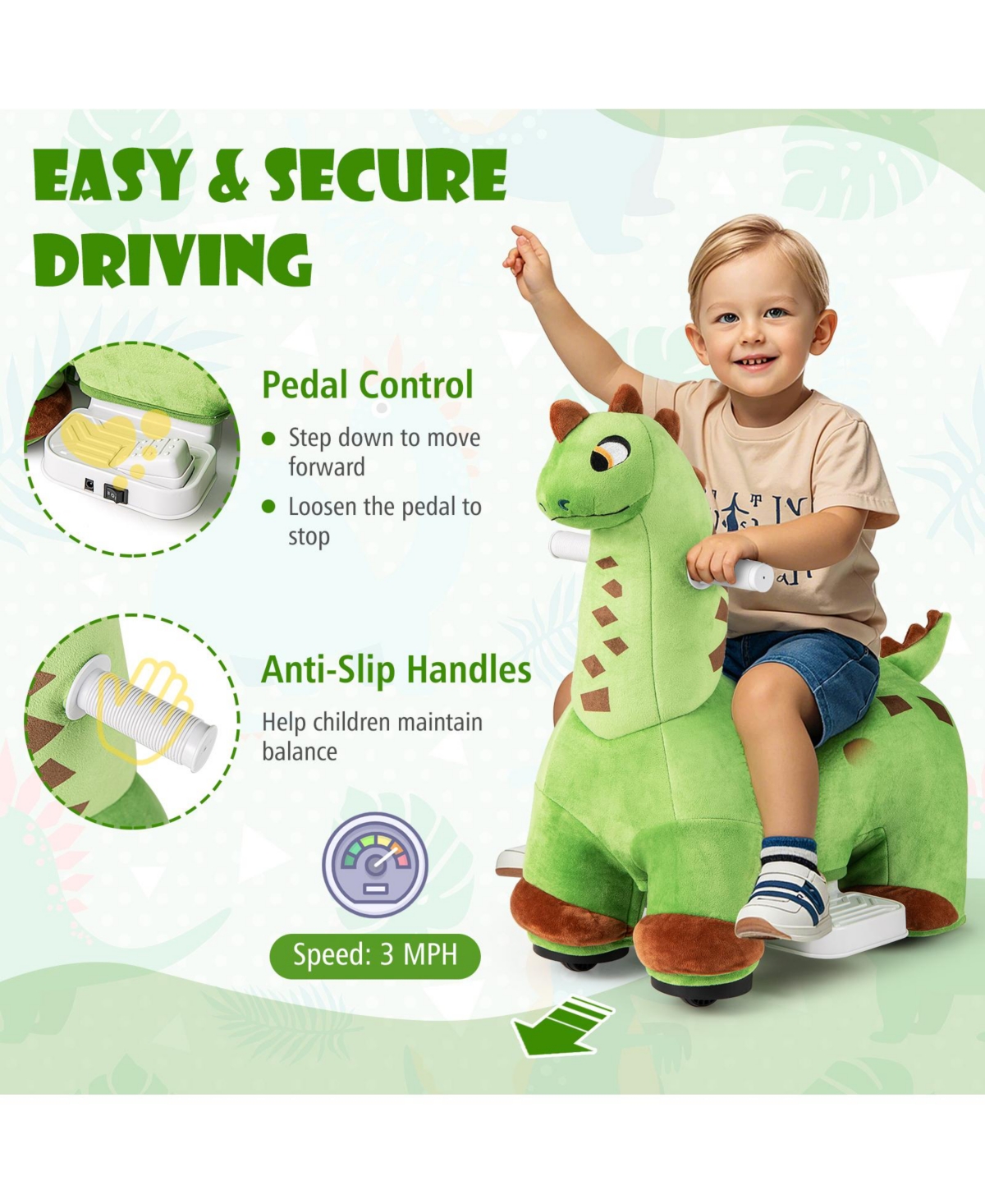 Gymax 6V Kids Ride on Dinosaur w/ Padded Sea Foot Pedal Music Forward & Wheels