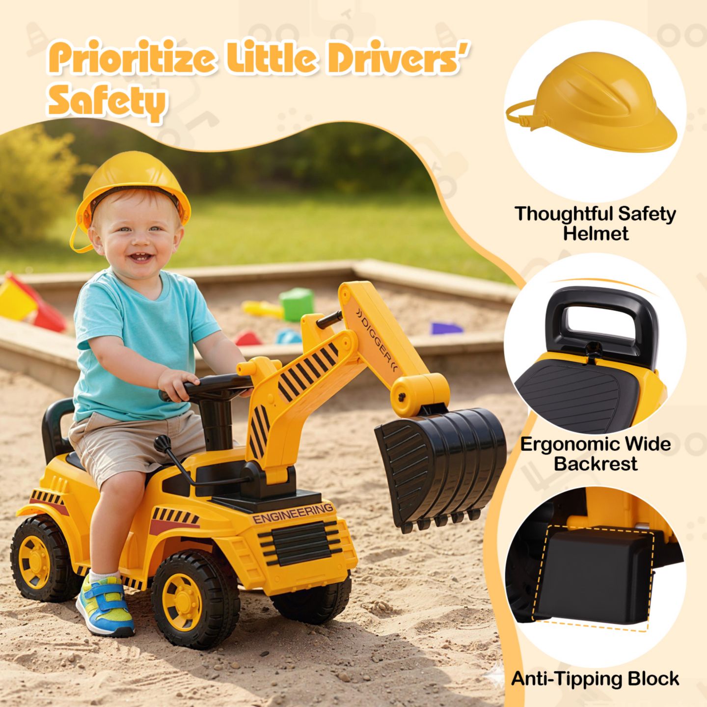 Детская игрушка Gymax Ride-On Excavator with Adjustable Shovel, Engine Sound & Anti-Tipping Base, 33 lbs Capacity, Ages 19-36 Months, цвет: Жёлтый — фото 5