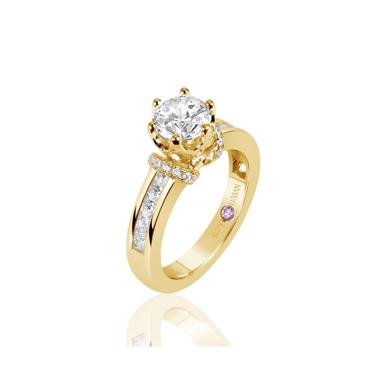 Suzy Levian Golden Sterling Silver Round Cut Cubic Zirconia Crown Setting Ring with Channel Set Band