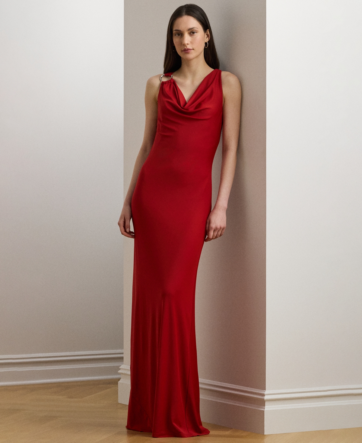 Women's Ring-Trim Jersey Cowlneck Gown - Madison Red