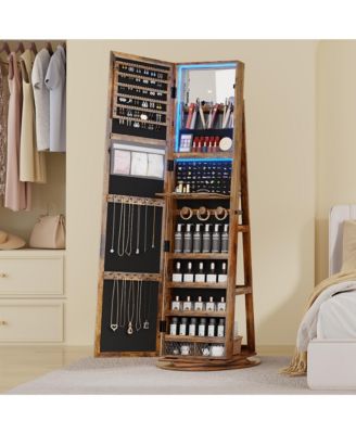 LED jewelry storage cabinet with back storage shelves and 360° rotation.